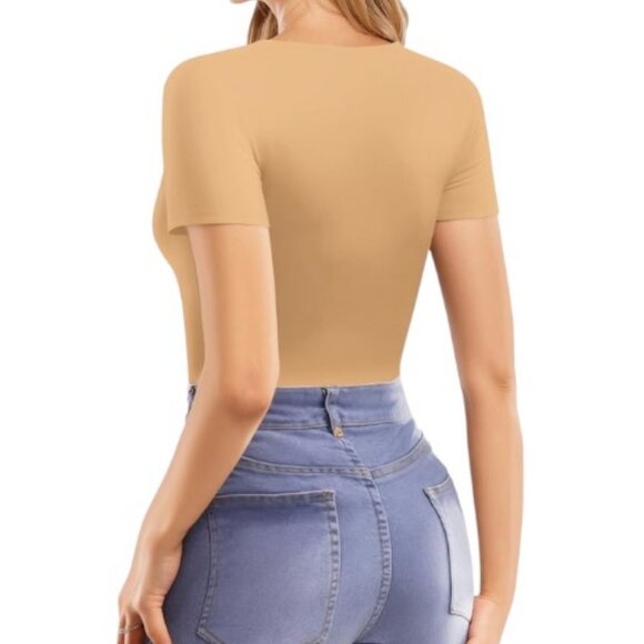 Mangopop ochre double lined short sleeve V neck fitted basic tee size S NWT - Picture 3 of 10